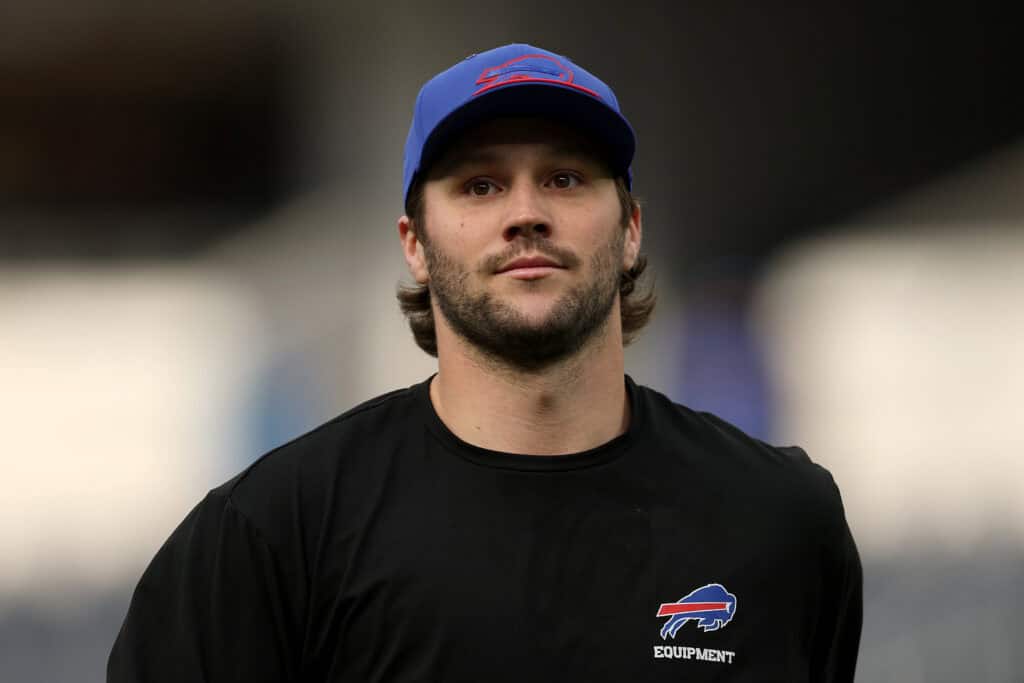 INGLEWOOD, CALIFORNIA - OCTOBER 12: Josh Allen #17 of the Buffalo Bills looks on before the game against the Los Angeles Rams at SoFi Stadium on October 12, 2026 in Inglewood, California.