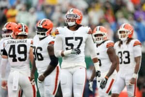 EAST RUTHERFORD, NEW JERSEY - OCTOBER 11: Isaiah McGuire #57 of the Cleveland Browns in action during the game against the New York Jets at MetLife Stadium on October 11, 2026 in East Rutherford, New Jersey.