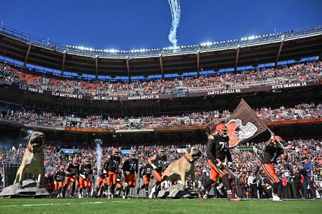 CLEVELAND, OHIO - OCTOBER 18: Kc Concepcion #1 and Dawand Jones #79 of the Cleveland Browns take the field prior to the game against the Baltimore Ravens at Huntington Bank Field on October 18, 2026 in Cleveland, Ohio
