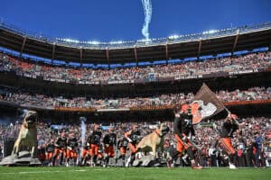 CLEVELAND, OHIO - OCTOBER 18: Kc Concepcion #1 and Dawand Jones #79 of the Cleveland Browns take the field prior to the game against the Baltimore Ravens at Huntington Bank Field on October 18, 2026 in Cleveland, Ohio