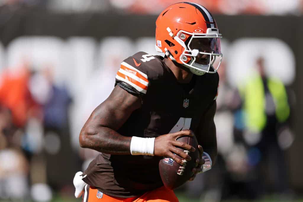 CLEVELAND, OHIO - OCTOBER 18: Deshaun Watson #4 of the Cleveland Browns scrambles against the Baltimore Ravens during the second quarter of the game at Huntington Bank Field on October 18, 2026 in Cleveland, Ohio.