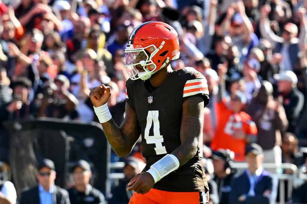 CLEVELAND, OHIO - OCTOBER 18: Deshaun Watson #4 of the Cleveland Browns celebrates a touchdown against the Baltimore Ravens during the fourth quarter of the game at Huntington Bank Field on October 18, 2026 in Cleveland, Ohio.