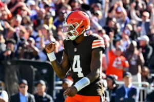 CLEVELAND, OHIO - OCTOBER 18: Deshaun Watson #4 of the Cleveland Browns celebrates a touchdown against the Baltimore Ravens during the fourth quarter of the game at Huntington Bank Field on October 18, 2026 in Cleveland, Ohio.