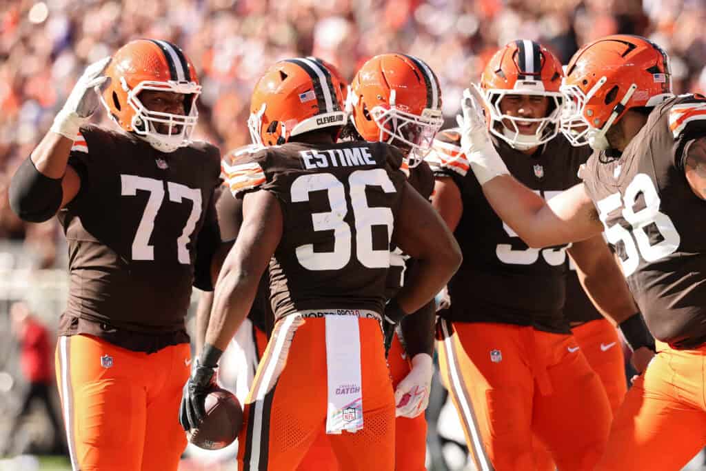 CLEVELAND, OHIO - OCTOBER 18: Jaleel McLaughlin #38 of the Cleveland Browns celebrates with teammates after scoring a touchdown against the Baltimore Ravens during the fourth quarter of the game at Huntington Bank Field on October 18, 2026 in Cleveland, Ohio.