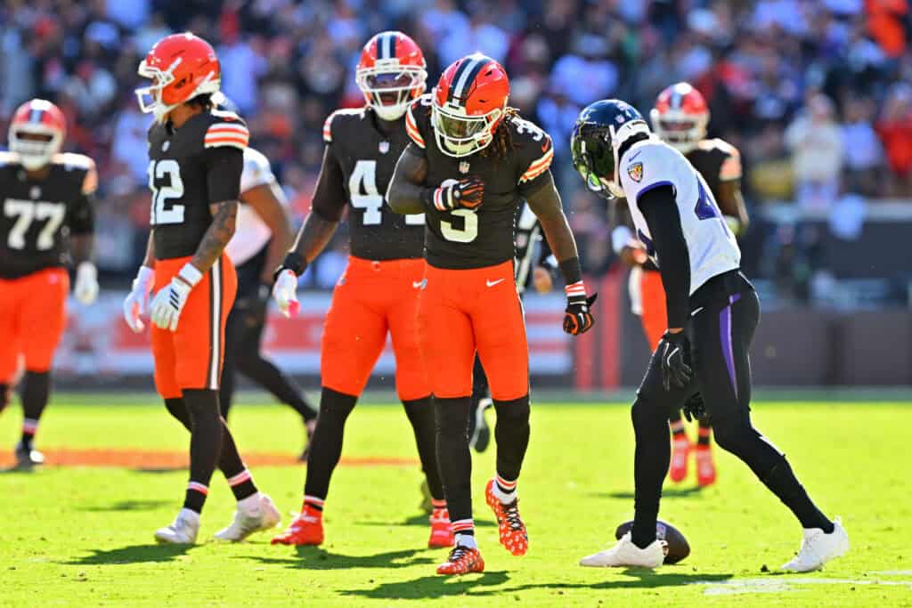 CLEVELAND, OHIO - OCTOBER 18: Jerry Jeudy #3 of the Cleveland Browns celebrates a play against the Baltimore Ravens during the fourth quarter of the game at Huntington Bank Field on October 18, 2026 in Cleveland, Ohio.