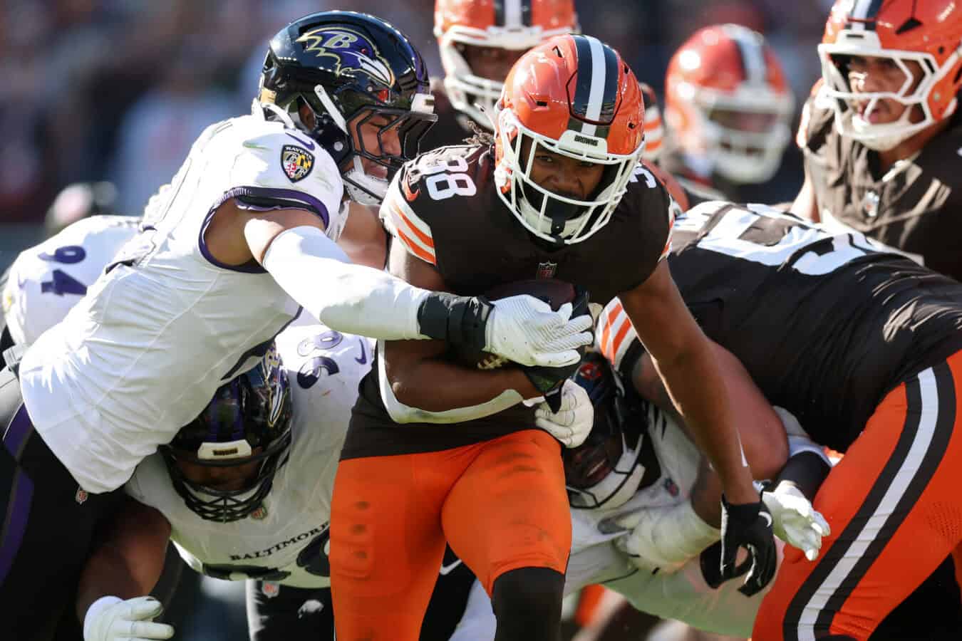CLEVELAND, OHIO - OCTOBER 18: Jaleel McLaughlin #38 of the Cleveland Browns runs the ball against the Baltimore Ravens during the fourth quarter of the game at Huntington Bank Field on October 18, 2026 in Cleveland, Ohio.