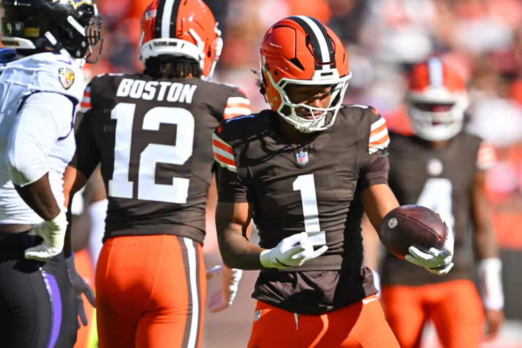 CLEVELAND, OHIO - OCTOBER 18: KC Concepcion #1 of the Cleveland Browns reacts against the Baltimore Ravens during the fourth quarter of the game at Huntington Bank Field on October 18, 2026 in Cleveland, Ohio.