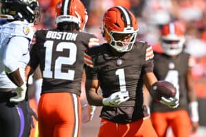 CLEVELAND, OHIO - OCTOBER 18: KC Concepcion #1 of the Cleveland Browns reacts against the Baltimore Ravens during the fourth quarter of the game at Huntington Bank Field on October 18, 2026 in Cleveland, Ohio.