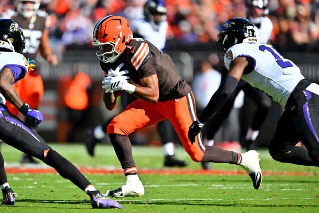 CLEVELAND, OHIO - OCTOBER 18: KC Concepcion #1 of the Cleveland Browns runs the ball against the Baltimore Ravens during the fourth quarter of the game at Huntington Bank Field on October 18, 2026 in Cleveland, Ohio.