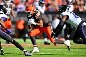 CLEVELAND, OHIO - OCTOBER 18: KC Concepcion #1 of the Cleveland Browns runs the ball against the Baltimore Ravens during the fourth quarter of the game at Huntington Bank Field on October 18, 2026 in Cleveland, Ohio.