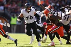 CLEVELAND, OHIO - OCTOBER 18: Roger Rosengarten #70 of the Baltimore Ravens plays against the Cleveland Browns at Huntington Bank Field on October 18, 2026 in Cleveland, Ohio.