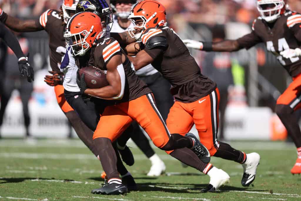 CLEVELAND, OHIO - OCTOBER 18: Jaleel McLaughlin #38 of the Cleveland Browns plays against the Baltimore Ravens at Huntington Bank Field on October 18, 2026 in Cleveland, Ohio.