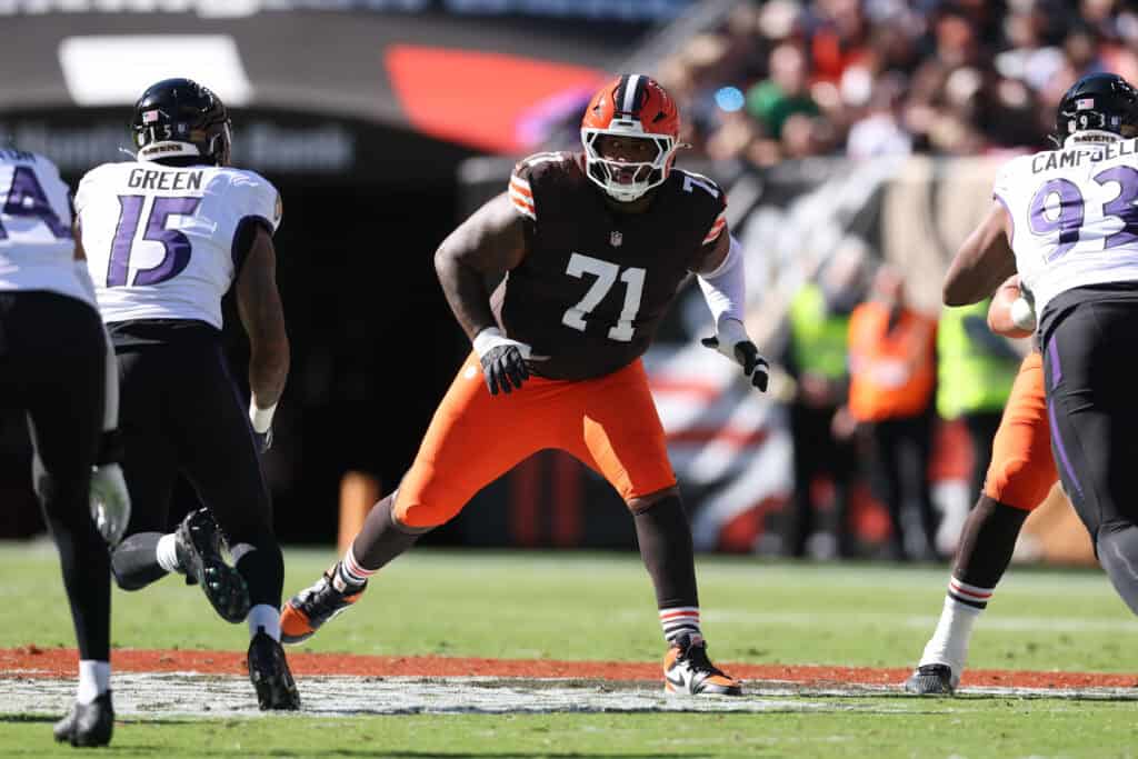 CLEVELAND, OHIO - OCTOBER 18: Tytus Howard #71 of the Cleveland Browns plays against the Baltimore Ravens at Huntington Bank Field on October 18, 2026 in Cleveland, Ohio.