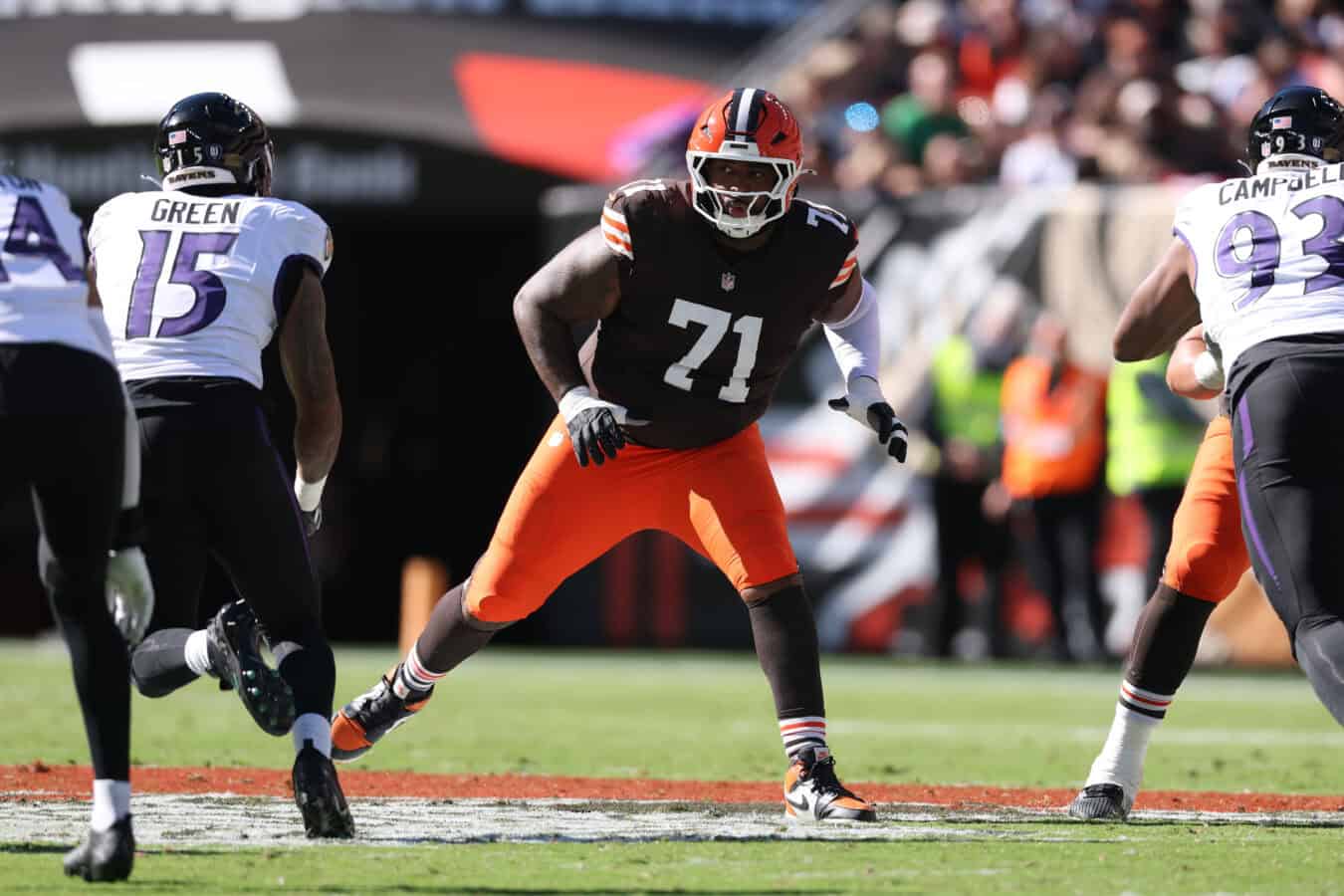 CLEVELAND, OHIO - OCTOBER 18: Tytus Howard #71 of the Cleveland Browns plays against the Baltimore Ravens at Huntington Bank Field on October 18, 2026 in Cleveland, Ohio.