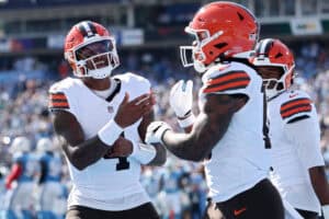 NASHVILLE, TENNESSEE - OCTOBER 25: Deshaun Watson #4 of the Cleveland Browns celebrates a touchdown with Quinshon Judkins #10 of the Cleveland Browns during the first quarter against the Tennessee Titans at Nissan Stadium on October 25, 2026 in Nashville, Tennessee.