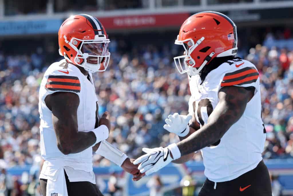 NASHVILLE, TENNESSEE - OCTOBER 25: Deshaun Watson #4 of the Cleveland Browns celebrates a touchdown with Quinshon Judkins #10 of the Cleveland Browns during the first quarter against the Tennessee Titans at Nissan Stadium on October 25, 2026 in Nashville, Tennessee.
