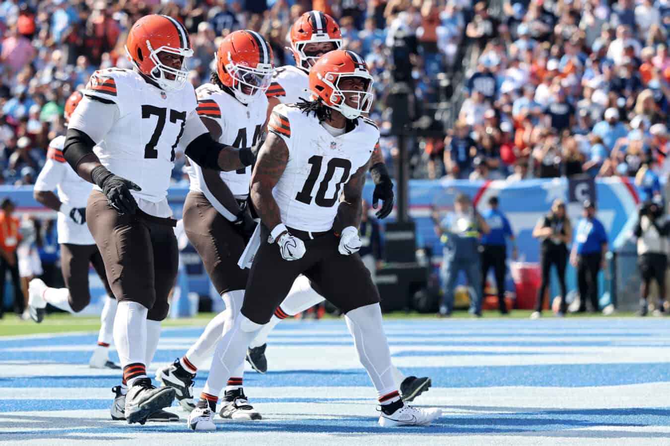 NASHVILLE, TENNESSEE - OCTOBER 25: Quinshon Judkins #10 of the Cleveland Browns celebrates a touchdown during the first quarter against the Tennessee Titans at Nissan Stadium on October 25, 2026 in Nashville, Tennessee.