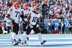 NASHVILLE, TENNESSEE - OCTOBER 25: Quinshon Judkins #10 of the Cleveland Browns celebrates a touchdown during the first quarter against the Tennessee Titans at Nissan Stadium on October 25, 2026 in Nashville, Tennessee.