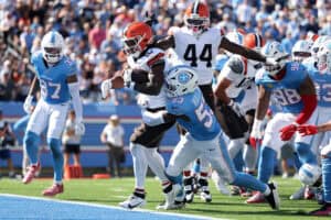 NASHVILLE, TENNESSEE - OCTOBER 25: Quinshon Judkins #10 of the Cleveland Browns scores a touchdown against Anthony Hill Jr. #53 of the Tennessee Titans during the second quarter at Nissan Stadium on October 25, 2026 in Nashville, Tennessee.