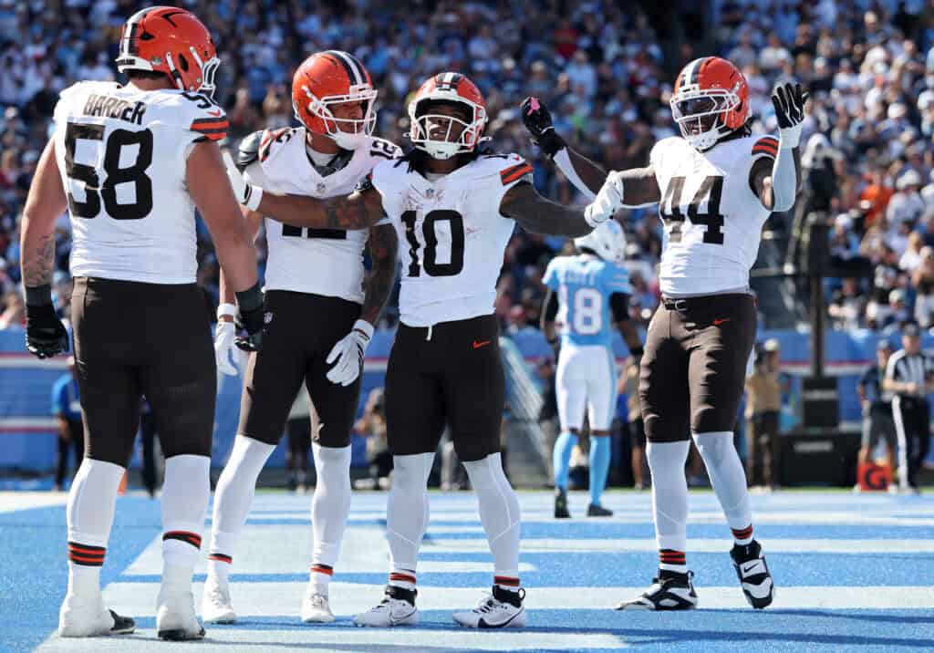 NASHVILLE, TENNESSEE - OCTOBER 25: Quinshon Judkins #10 of the Cleveland Browns celebrates a touchdown during the second quarter against the Tennessee Titans at Nissan Stadium on October 25, 2026 in Nashville, Tennessee.
