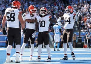NASHVILLE, TENNESSEE - OCTOBER 25: Quinshon Judkins #10 of the Cleveland Browns celebrates a touchdown during the second quarter against the Tennessee Titans at Nissan Stadium on October 25, 2026 in Nashville, Tennessee.