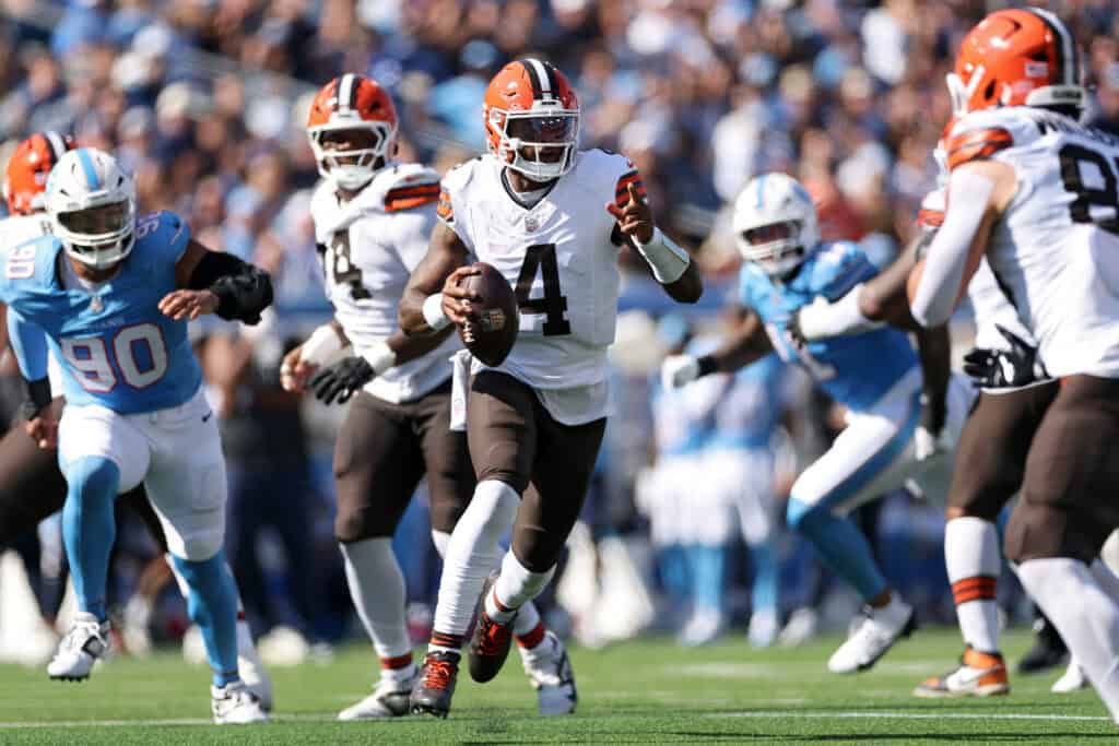 NASHVILLE, TENNESSEE - OCTOBER 25: Deshaun Watson #4 of the Cleveland Browns runs the ball during the second quarter against the Tennessee Titans at Nissan Stadium on October 25, 2026 in Nashville, Tennessee.