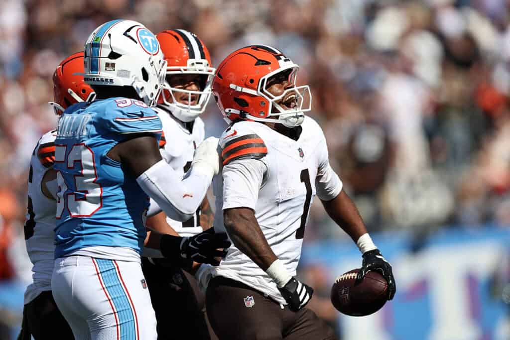 NASHVILLE, TENNESSEE - OCTOBER 25: Kc Concepcion #1 of the Cleveland Browns reacts during the first half against the Tennessee Titans at Nissan Stadium on October 25, 2026 in Nashville, Tennessee.