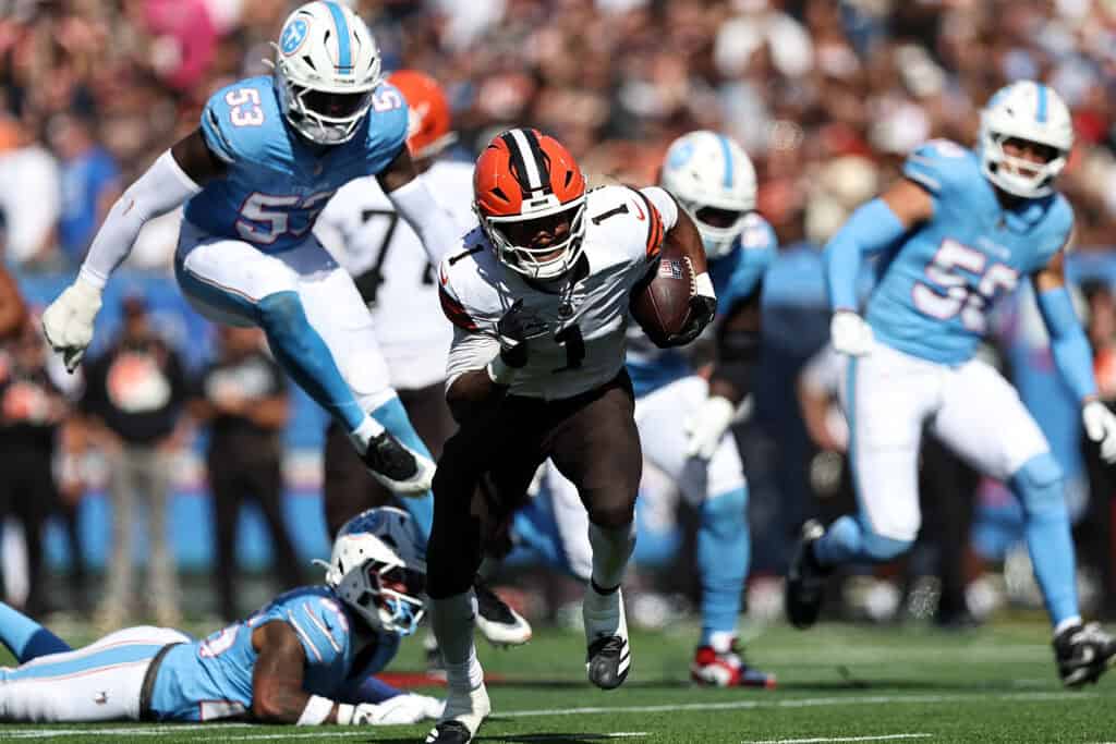 NASHVILLE, TENNESSEE - OCTOBER 25: Kc Concepcion #1 of the Cleveland Browns carries the ball during the first half against the Tennessee Titans at Nissan Stadium on October 25, 2026 in Nashville, Tennessee.