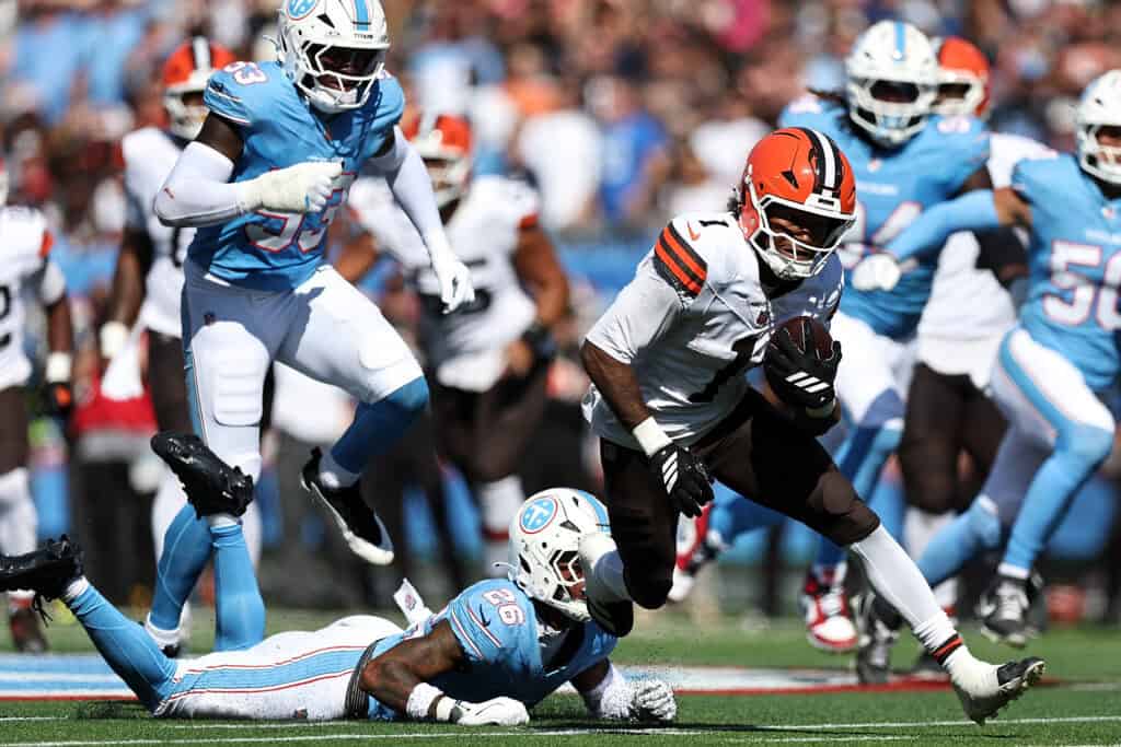 NASHVILLE, TENNESSEE - OCTOBER 25: Kc Concepcion #1 of the Cleveland Browns carries the ball during the first half against the Tennessee Titans at Nissan Stadium on October 25, 2026 in Nashville, Tennessee.