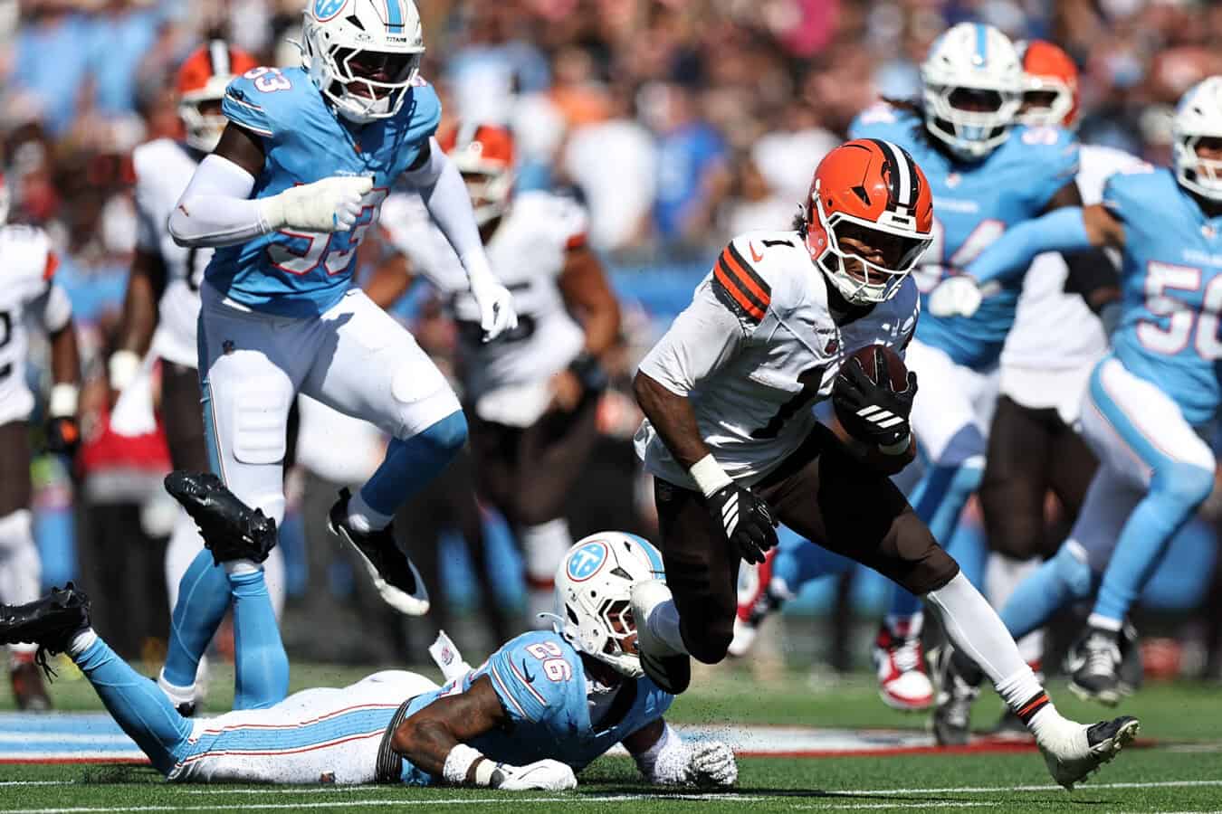NASHVILLE, TENNESSEE - OCTOBER 25: Kc Concepcion #1 of the Cleveland Browns carries the ball during the first half against the Tennessee Titans at Nissan Stadium on October 25, 2026 in Nashville, Tennessee.