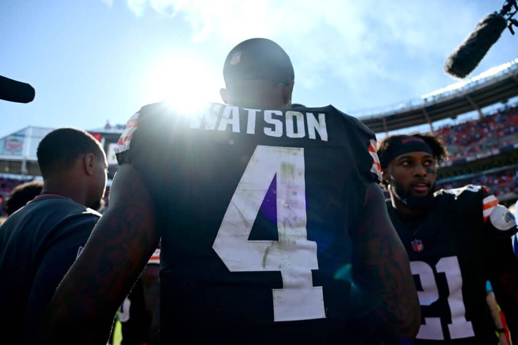 CLEVELAND, OHIO - SEPTEMBER 27: Deshaun Watson #4 of the Cleveland Browns celebrates the 21-18 win Carolina Panthers at Huntington Bank Field on September 27, 2026 in Cleveland, Ohio.