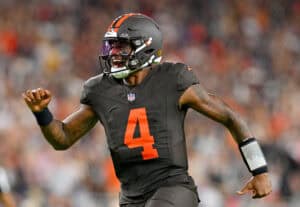 CLEVELAND, OHIO - OCTOBER 01: Deshaun Watson #4 of the Cleveland Browns celebrates a touchdown against the Pittsburgh Steelers dduring the second quarter of the game at Huntington Bank Field on October 01, 2026 in Cleveland, Ohio.