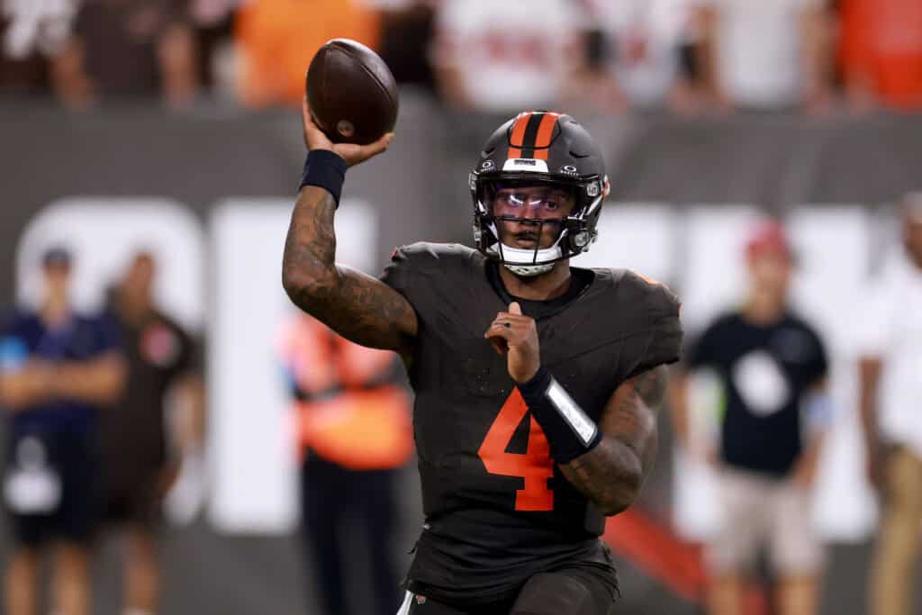 CLEVELAND, OHIO - OCTOBER 01: Deshaun Watson #4 of the Cleveland Browns throws a pass against the Pittsburgh Steelers during the fourth quarter of the game at Huntington Bank Field on October 01, 2026 in Cleveland, Ohio.