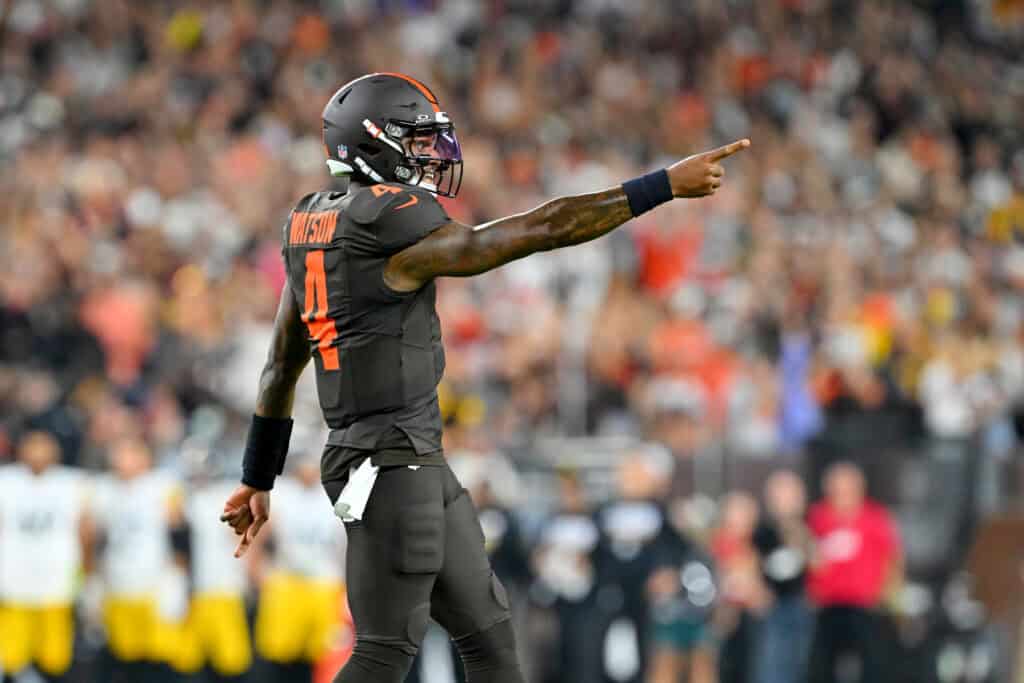 CLEVELAND, OHIO - OCTOBER 01: Quarterback Deshaun Watson #4 of the Cleveland Browns celebrates after a touchdown during the first half against the Pittsburgh Steelers in the second quarter of the game at Huntington Bank Field on October 01, 2026, in Cleveland, Ohio.