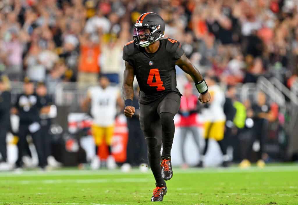 CLEVELAND, OHIO - OCTOBER 01: Deshaun Watson #4 of the Cleveland Browns celebrates a touchdown against the Pittsburgh Steelers dduring the second quarter of the game at Huntington Bank Field on October 01, 2026 in Cleveland, Ohio.
