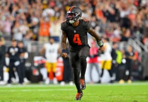 CLEVELAND, OHIO - OCTOBER 01: Deshaun Watson #4 of the Cleveland Browns celebrates a touchdown against the Pittsburgh Steelers dduring the second quarter of the game at Huntington Bank Field on October 01, 2026 in Cleveland, Ohio.