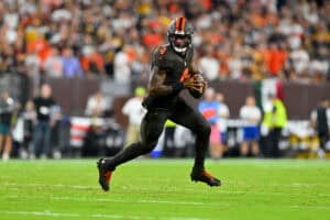 CLEVELAND, OHIO - OCTOBER 01: Deshaun Watson #4 of the Cleveland Browns scrambles against the Pittsburgh Steelers during the second quarter of the game at Huntington Bank Field on October 01, 2026 in Cleveland, Ohio.
