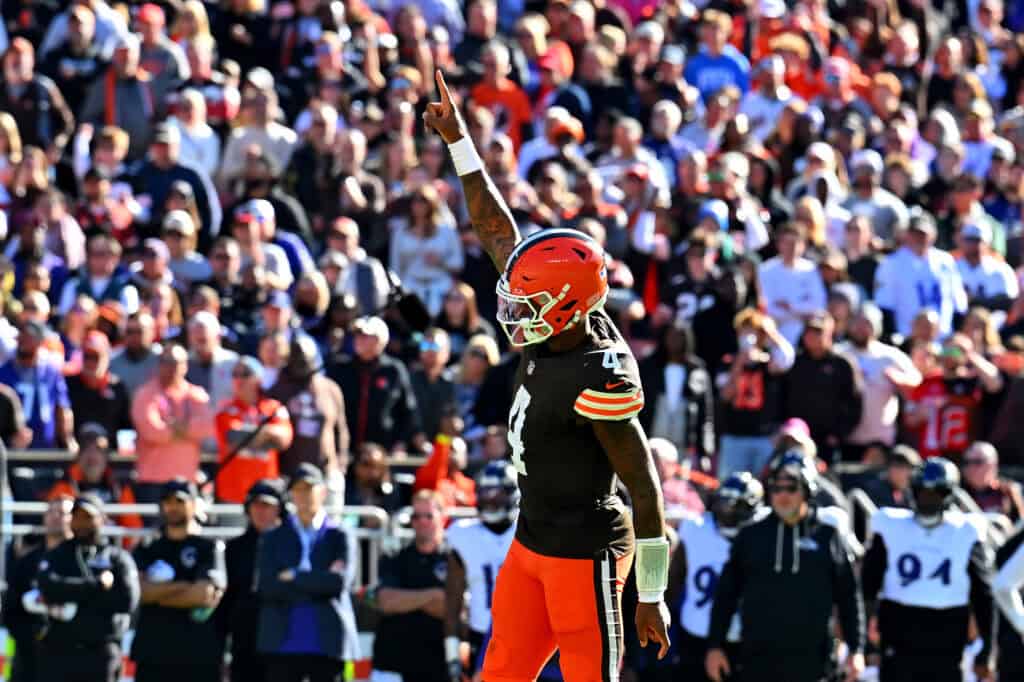 CLEVELAND, OHIO - OCTOBER 18: Deshaun Watson #4 of the Cleveland Browns celebrates a touchdown against the Baltimore Ravens during the fourth quarter of the game at Huntington Bank Field on October 18, 2026 in Cleveland, Ohio.
