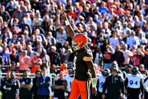 CLEVELAND, OHIO - OCTOBER 18: Deshaun Watson #4 of the Cleveland Browns celebrates a touchdown against the Baltimore Ravens during the fourth quarter of the game at Huntington Bank Field on October 18, 2026 in Cleveland, Ohio.