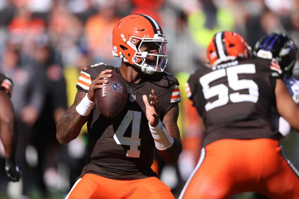 CLEVELAND, OHIO - OCTOBER 18: Deshaun Watson #4 of the Cleveland Browns plays against the Baltimore Ravens at Huntington Bank Field on October 18, 2026 in Cleveland, Ohio.
