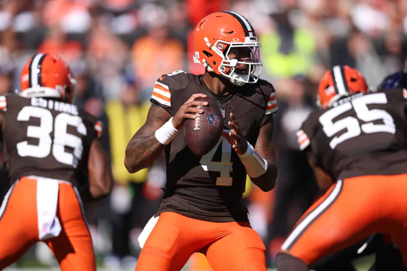 CLEVELAND, OHIO - OCTOBER 18: Deshaun Watson #4 of the Cleveland Browns plays against the Baltimore Ravens at Huntington Bank Field on October 18, 2026 in Cleveland, Ohio.