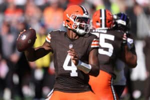 CLEVELAND, OHIO - OCTOBER 18: Deshaun Watson #4 of the Cleveland Browns plays against the Baltimore Ravens at Huntington Bank Field on October 18, 2026 in Cleveland, Ohio.
