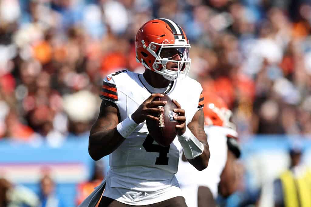 NASHVILLE, TENNESSEE - OCTOBER 25: Deshaun Watson #4 of the Cleveland Browns looks to pass during the first half against the Tennessee Titans at Nissan Stadium on October 25, 2026 in Nashville, Tennessee.