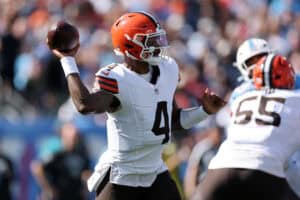 NASHVILLE, TENNESSEE - OCTOBER 25: Deshaun Watson #4 of the Cleveland Browns throws a pass during the first quarter against the Tennessee Titans at Nissan Stadium on October 25, 2026 in Nashville, Tennessee.