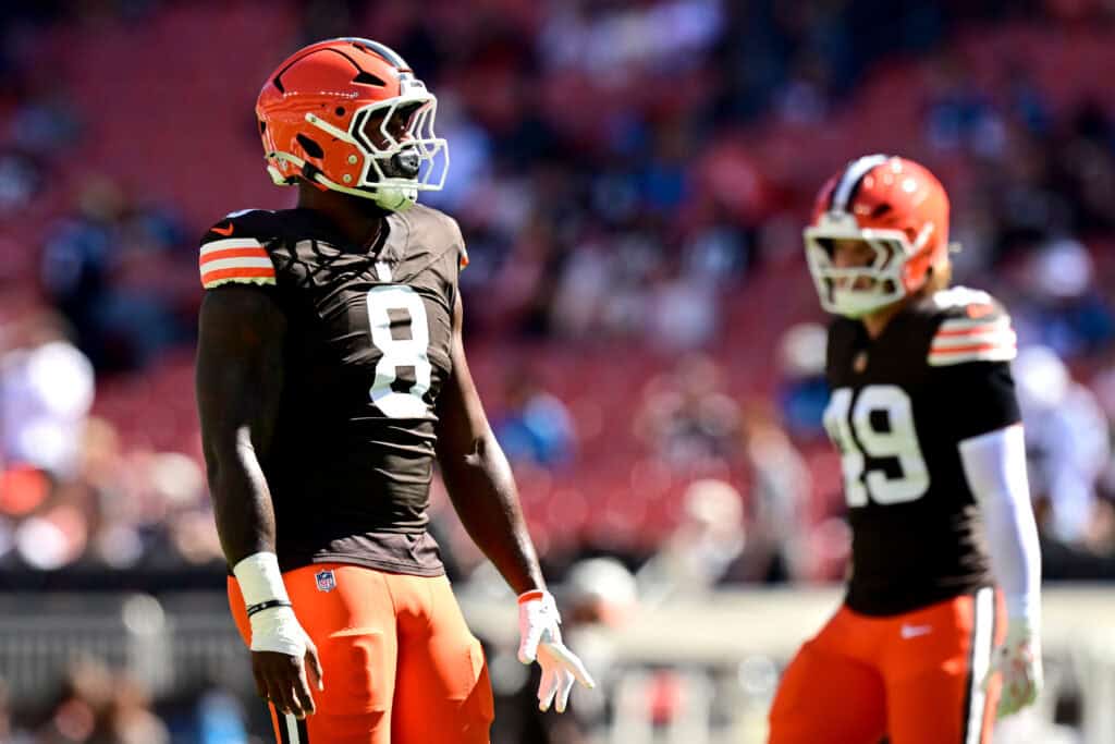 CLEVELAND, OHIO - SEPTEMBER 27: Jared Verse #8 of the Cleveland Browns looks on during warmups prior to the game against the Carolina Panthers at Huntington Bank Field on September 27, 2026 in Cleveland, Ohio.