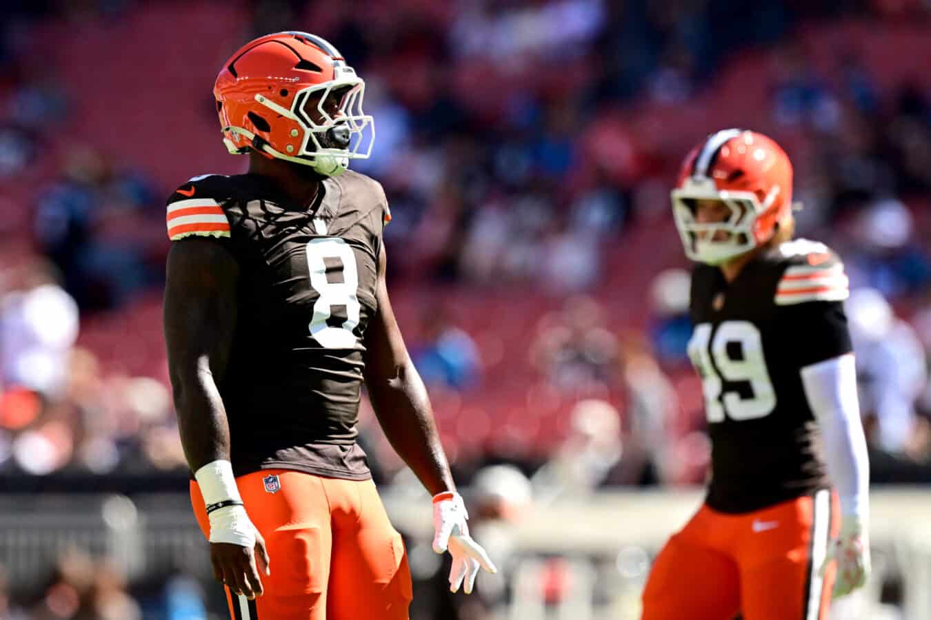 CLEVELAND, OHIO - SEPTEMBER 27: Jared Verse #8 of the Cleveland Browns looks on during warmups prior to the game against the Carolina Panthers at Huntington Bank Field on September 27, 2026 in Cleveland, Ohio.