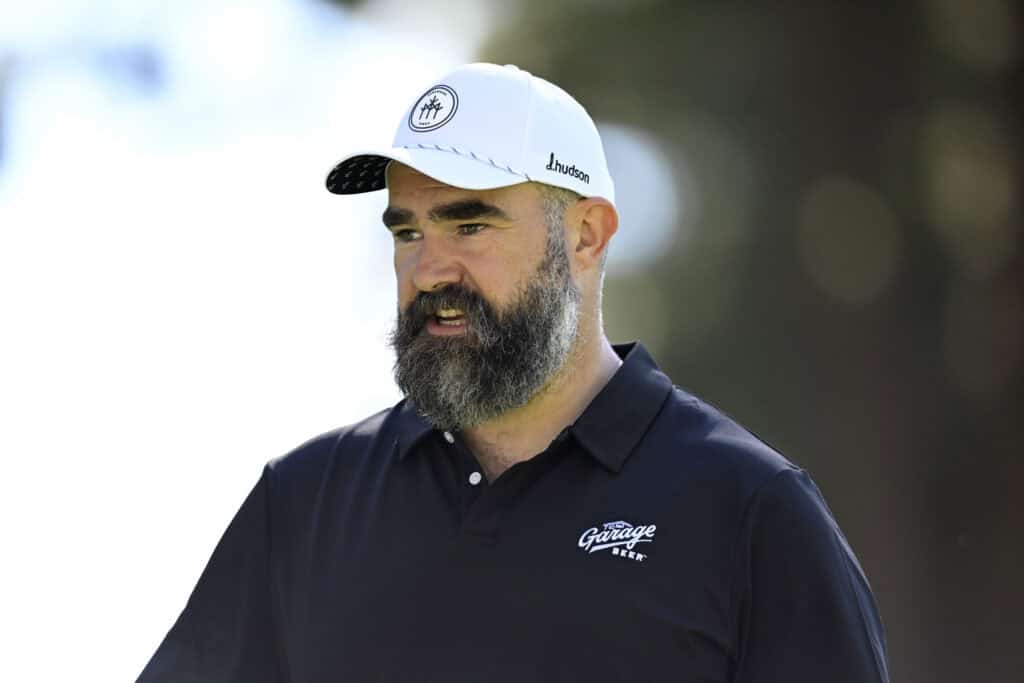 STATELINE, NEVADA - JULY 09: Jason Kelce stands on the seventh green prior to the American Century Championship 2026 at Edgewood Tahoe Golf Course on July 09, 2026 in Stateline, Nevada