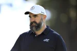STATELINE, NEVADA - JULY 09: Jason Kelce stands on the seventh green prior to the American Century Championship 2026 at Edgewood Tahoe Golf Course on July 09, 2026 in Stateline, Nevada
