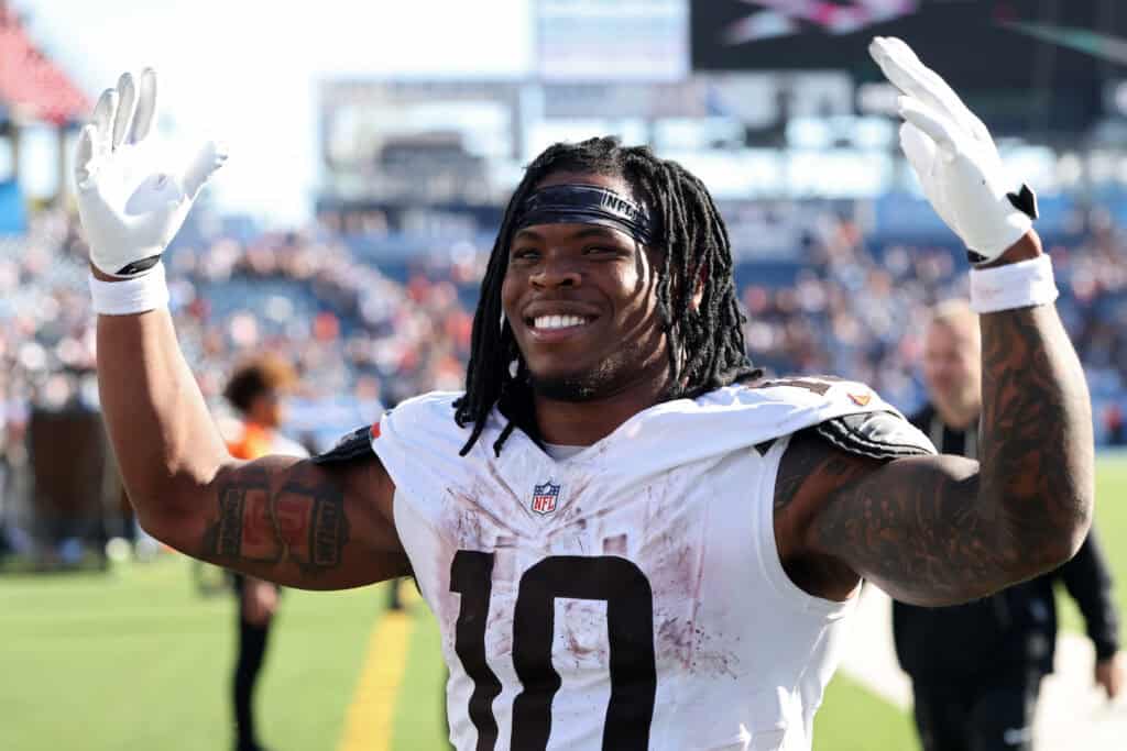 NASHVILLE, TENNESSEE - OCTOBER 25: Quinshon Judkins #10 of the Cleveland Browns reacts after the game against the Tennessee Titans at Nissan Stadium on October 25, 2026 in Nashville, Tennessee.