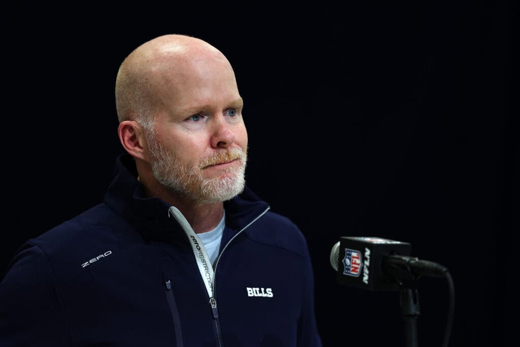 INDIANAPOLIS, INDIANA - FEBRUARY 24: Head coach Sean McDermott of the Buffalo Bills speaks to the media during the NFL Combine at the Indiana Convention Center on February 24, 2025 in Indianapolis, Indiana.